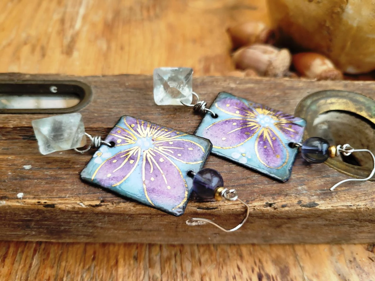 Natural earrings with handmade enamel flower charm, fluorite octahedron – photo 8